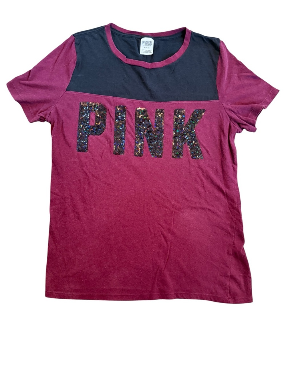 Women’s Victorias Secret PINK sequins bling short sleeve T shirt in maroon Med
